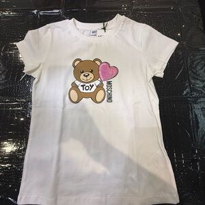 Moschino White Tee with Brown Bear and Pink Heart